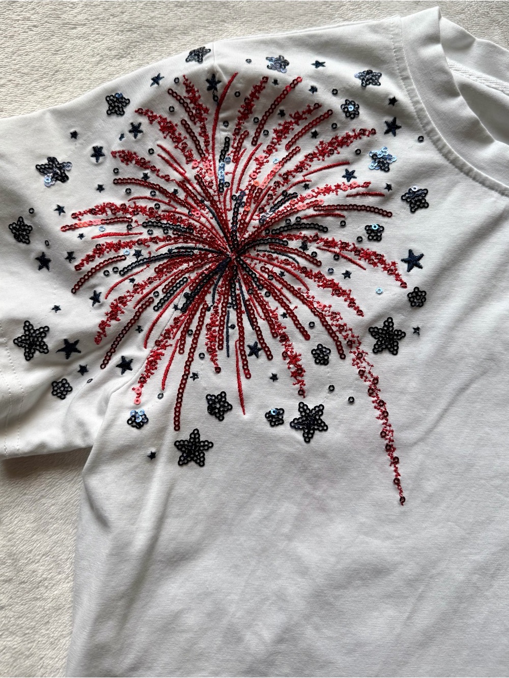 White Stretchy Tee with Red/Navy Sequin Firework Design on Front and Back - Picture 2 of 4